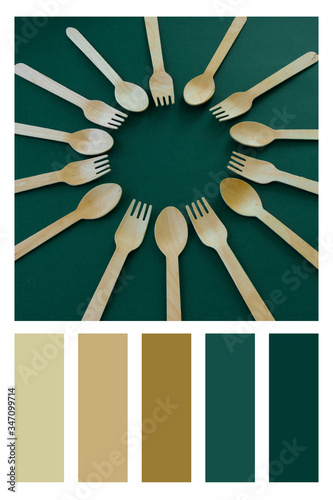 Bamboo wooden spoons. Eco friendly kitchen utensil. Ecological conceptn a colour palette, with complimentary colour swatches photo