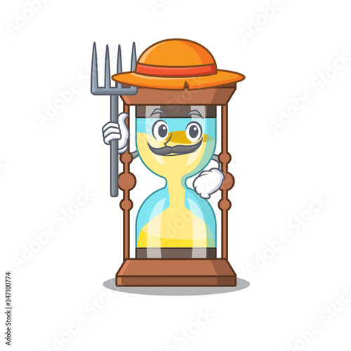 Cartoon character design of chronometer as a Farmer with hat and pitchfork