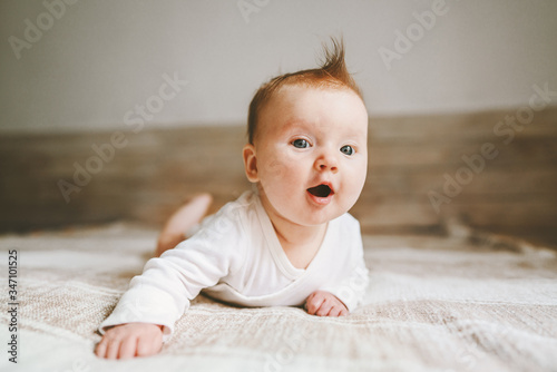 Fotografia Cute baby infant crawling at home curious child portrait family lifestyle 3 mont
