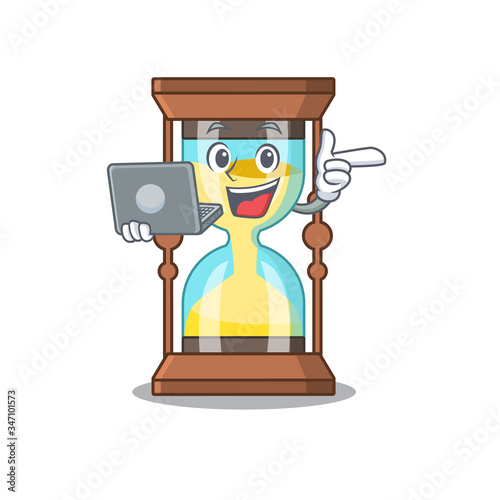 Cartoon character of chronometer clever student studying with a laptop
