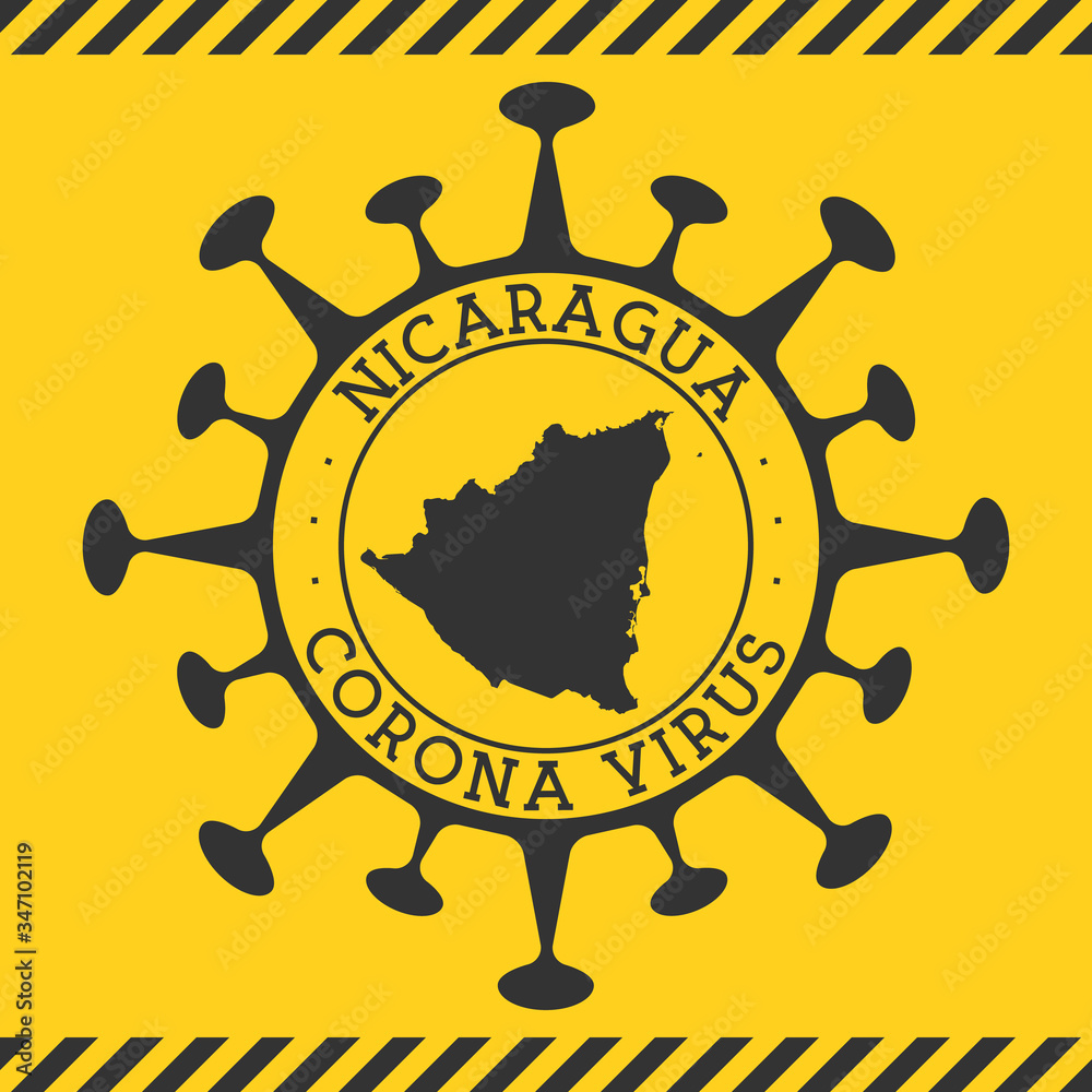 Corona virus in Nicaragua sign. Round badge with shape of virus and Nicaragua map. Yellow country epidemy lock down stamp. Vector illustration.