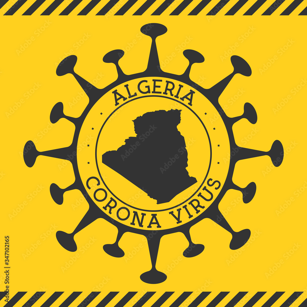 Corona virus in Algeria sign. Round badge with shape of virus and Algeria map. Yellow country epidemy lock down stamp. Vector illustration.