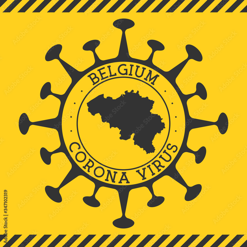 Corona virus in Belgium sign. Round badge with shape of virus and Belgium map. Yellow country epidemy lock down stamp. Vector illustration.
