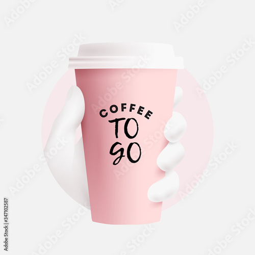 Coffee cup mockup. Realistic paper coffee to go cup in white hand silhouette in round pink shape isolated on white background. Coffee to go or take away concept. Vector illustration.