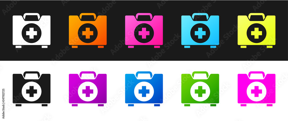 Set First aid kit icon isolated on black and white background. Medical box with cross. Medical equipment for emergency. Healthcare concept. Vector Illustration Set First aid kit icon isolated on black and white background. Medical box with cross. Medical equipment for emergency. Healthcare concept. Vector Illustration