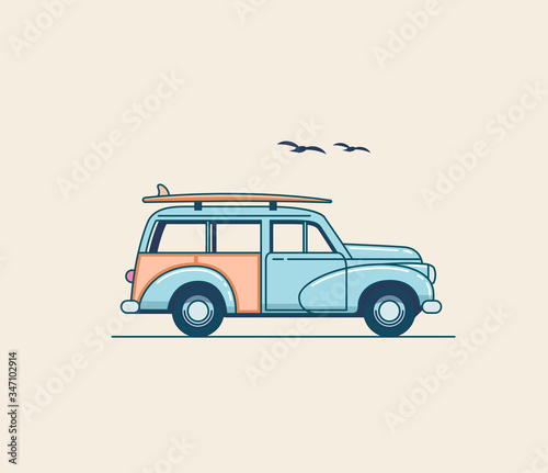 Surfing car. Retro blue SUV truck with surfboard on the roof rack isolated on white background. Summer time vacation illustration for poster or card or t-shirt design. Flat styled vector illustration