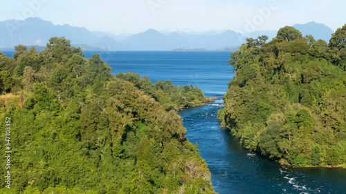 Birth of the Rio Bueno, leaving Lake Ranco. In the region of Los Ríos, in Araucanía or Patagonia, Chilean Andes. South of Chile. photo