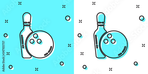 Black line Bowling pin and ball icon isolated on green and white background. Sport equipment. Random dynamic shapes. Vector Illustration