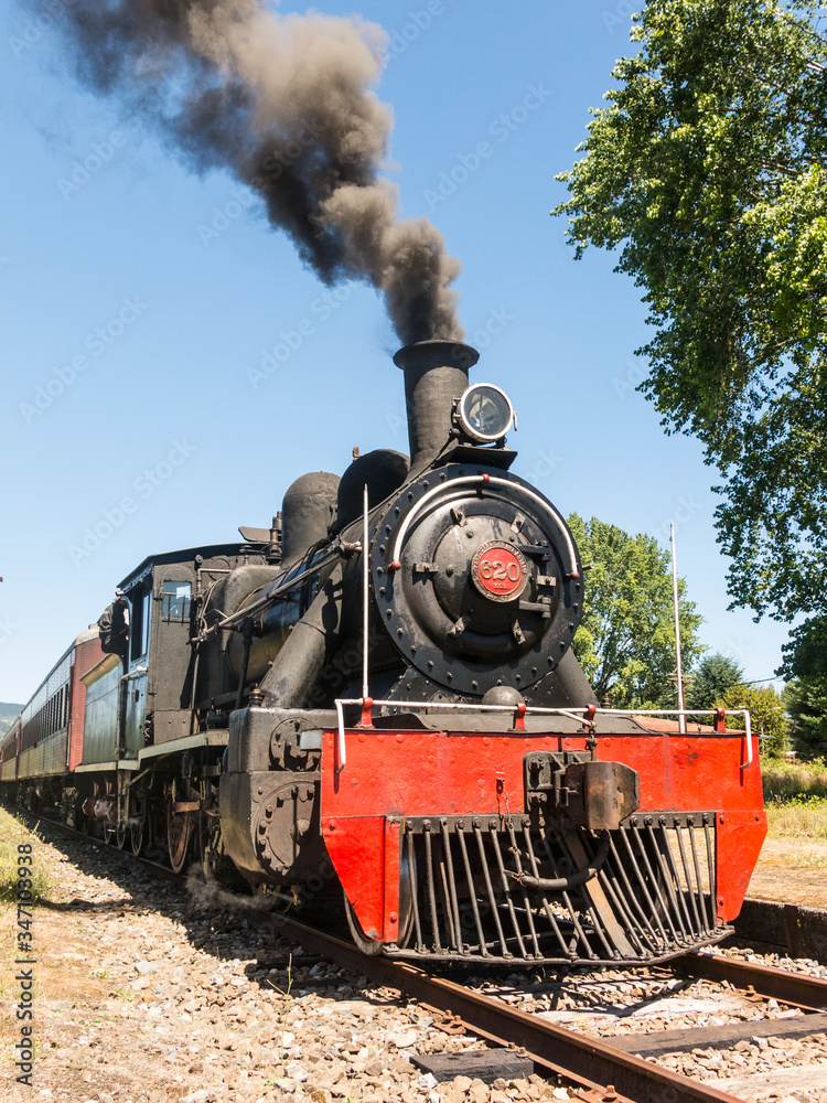 Obraz premium Pociąg turystyczny Valdiviano, który kursuje z Valdivii do Antilhue z północno-brytyjską lokomotywą typu 57 z 1913 r. Region Los Rios w południowym Chile.