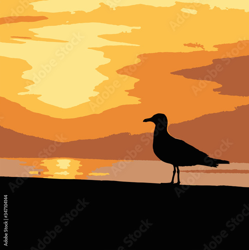 Vector graphics, bird on the sunset background