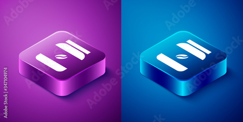 Isometric Coffee jar bottle icon isolated on blue and purple background. Square button. Vector Illustration