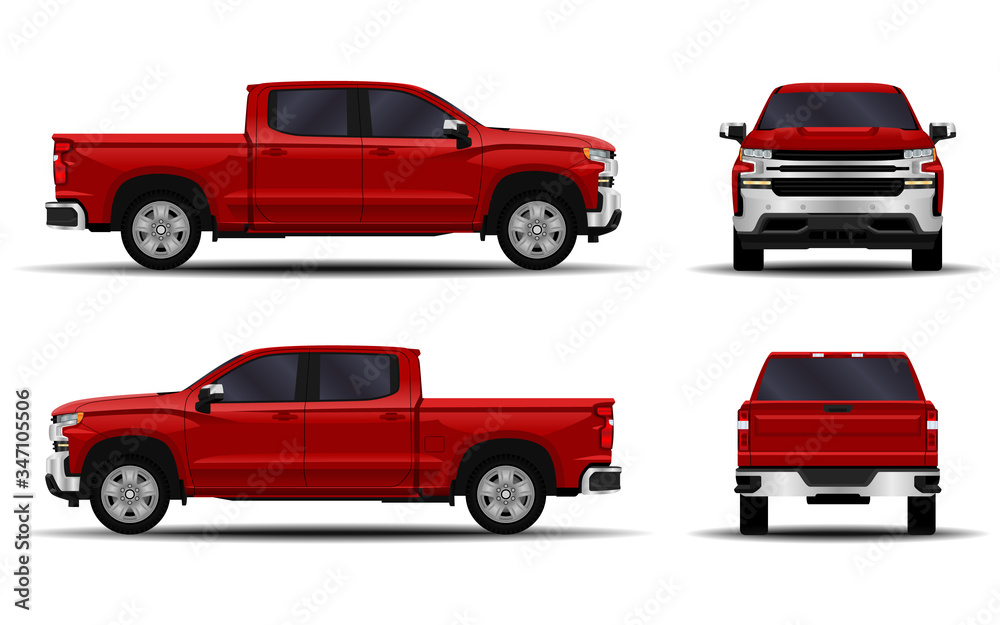 Fototapeta premium realistic car. truck, pickup. front view; side view; back view.