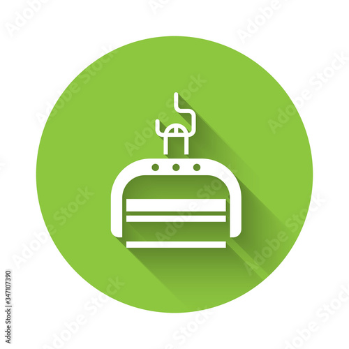 White Ski lift icon isolated with long shadow. Green circle button. Vector Illustration