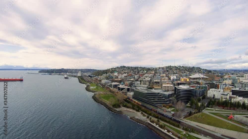 Aerial of Industrial Train Along Seattle City Oceanfront Park Aerial of Industrial Train Along Seattle City Oceanfront Park