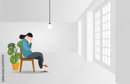 Woman character sitting alone, feeling stress emotion, depression. Sad male person in problem, loneliness fear, in room.