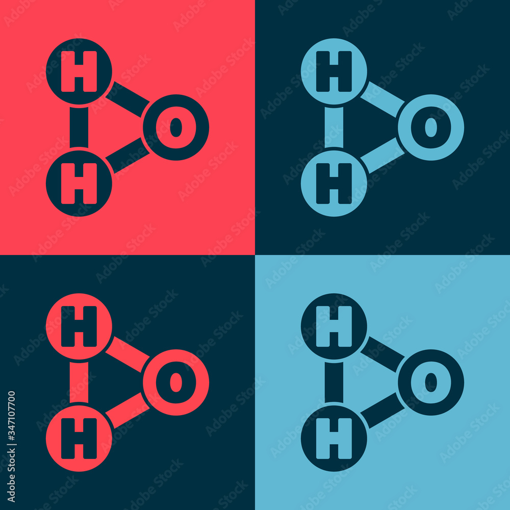 Pop art Chemical formula for water drops H2O shaped icon isolated on color background.  Vector Illustration
