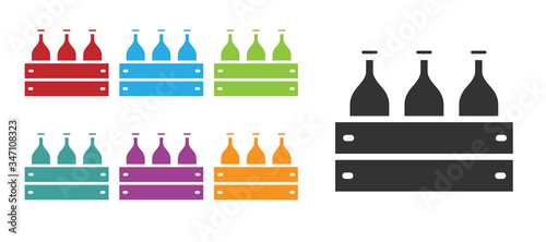 Black Bottles of wine in a wooden box icon isolated on white background. Wine bottles in a wooden crate icon. Set icons colorful. Vector Illustration