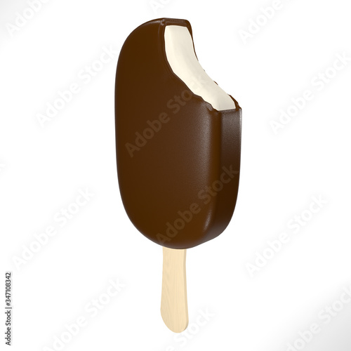 Vanilla ice cream bar dipped in crispy chocolate coating, 3D rendering