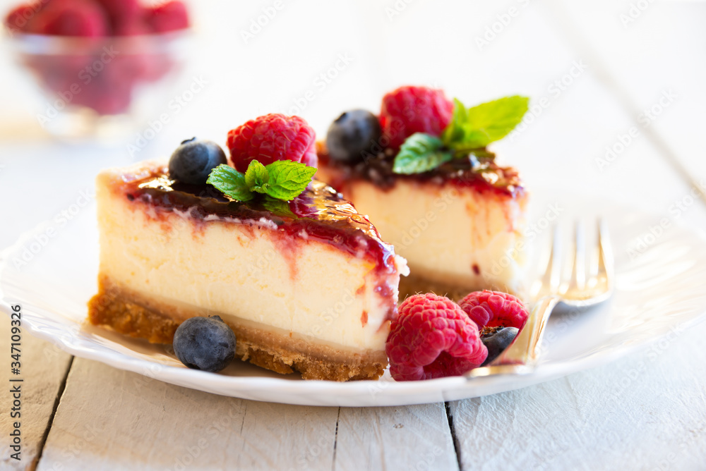 Homemade delicious cheesecake with fresh fruit and mint Homemade delicious cheesecake with fresh fruit and mint