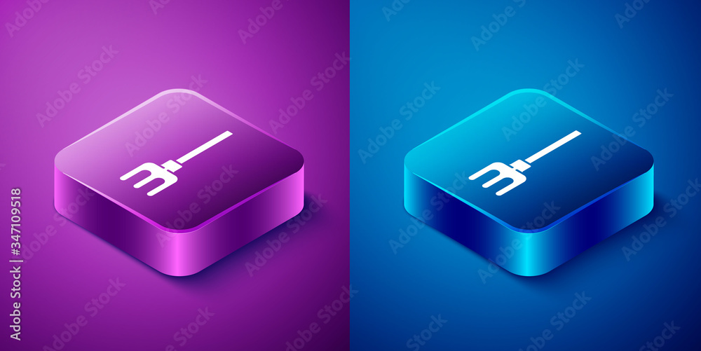Isometric Garden rake icon isolated on blue and purple background. Tool for horticulture, agriculture, farming. Ground cultivator. Square button. Vector Illustration Isometric Garden rake icon isolated on blue and purple background. Tool for horticulture, agriculture, farming. Ground cultivator. Square button. Vector Illustration