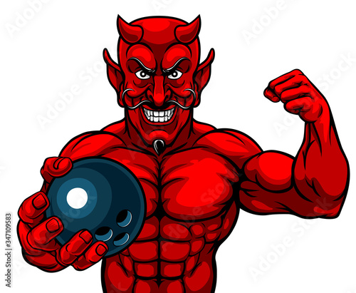Valokuva A devil Satan ten pin bowling sports mascot cartoon character man holding a ball