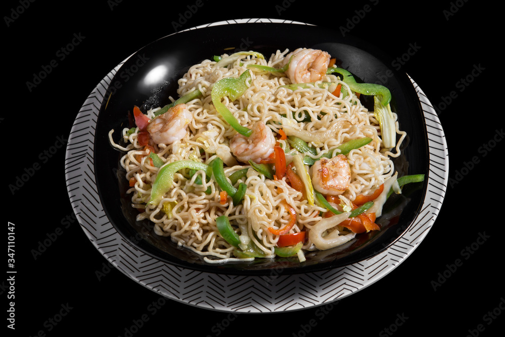 Japanese noodles yakisoba with shrimp. Japanese noodles yakisoba with shrimp.