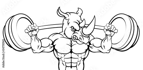 A rhino animal body builder sports mascot weight lifting a barbell