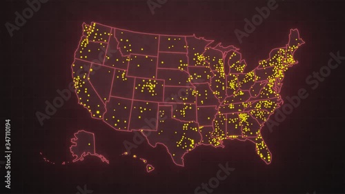 Map of the spread of the COVID-19 virus in the United States. Rapid growth of cases of the coronavirus virus. Red map of America with the appearance of yellow flashing dots in the States.