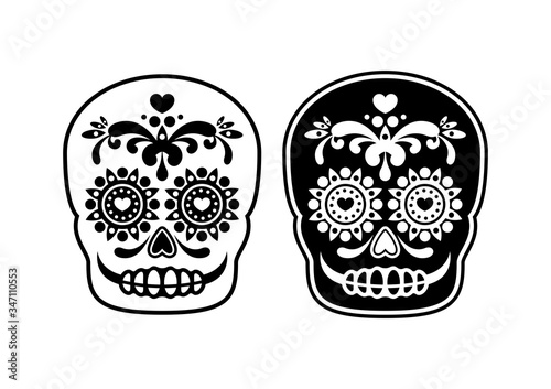 Mexican sugar skull outline icon vector. Mexican attributes vector. Mexican skull outline vector. Mexican decorative skull icon set isolated on a white background. Calavera black and white icon