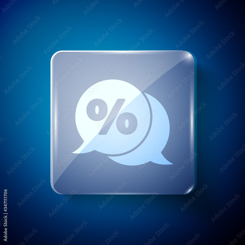 Obraz premium White Discount percent tag icon isolated on blue background. Shopping tag sign. Special offer sign. Discount coupons symbol. Square glass panels. Vector Illustration