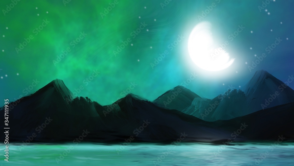  Landscape painting, Aurora Borealis over mountains and lake.
