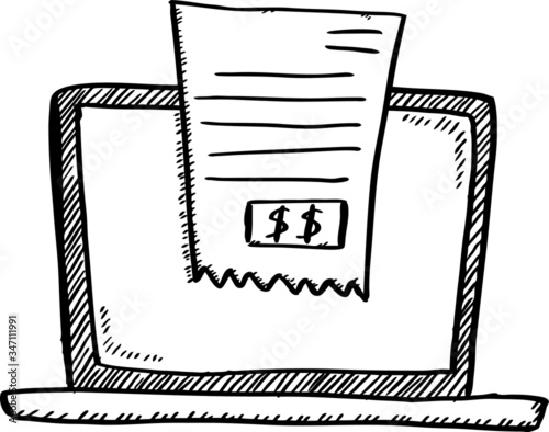 Cartoon style black and white doodle of notebook with bill on screen