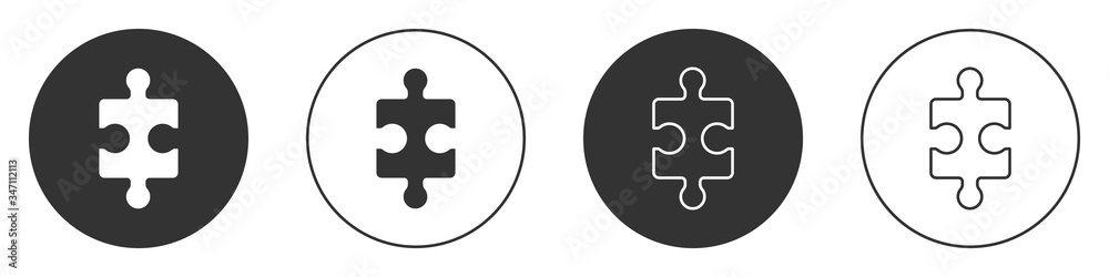 Black Piece of puzzle icon isolated on white background. Business, marketing, finance, layout, infographics, internet concept. Circle button. Vector Illustration Black Piece of puzzle icon isolated on white background. Business, marketing, finance, layout, infographics, internet concept. Circle button. Vector Illustration