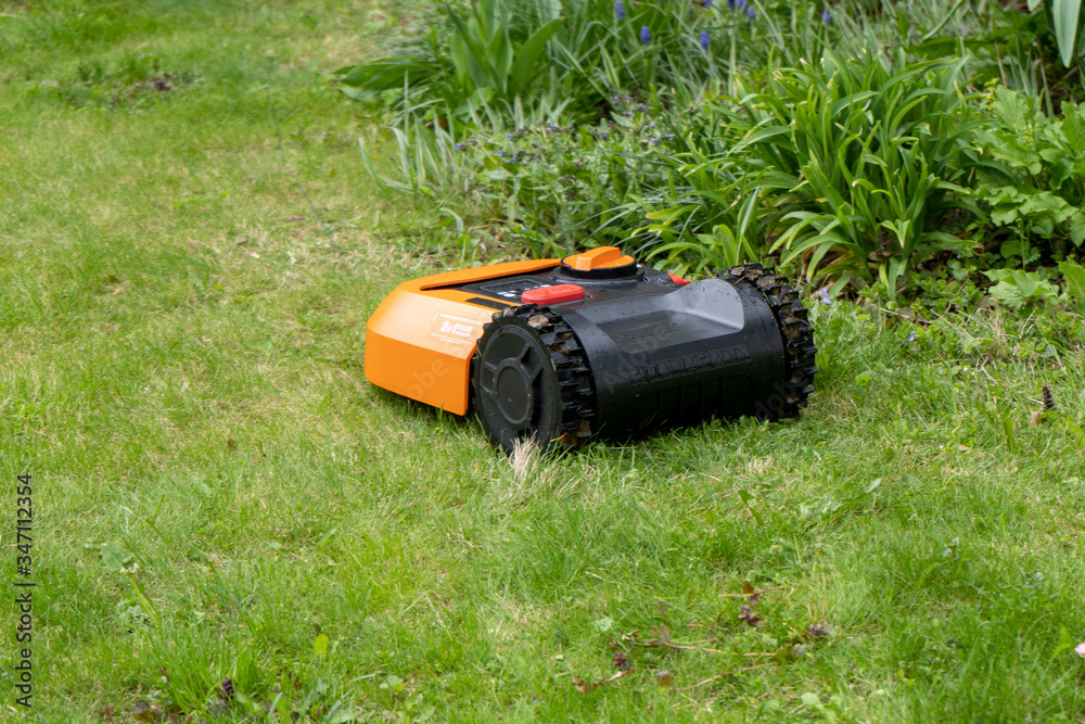Robotic lawnmower at work in the garden. Robotic lawnmower at work in the garden.