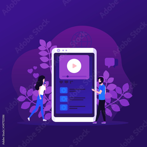 video content, video-sharing social media, mobile app and people, vector