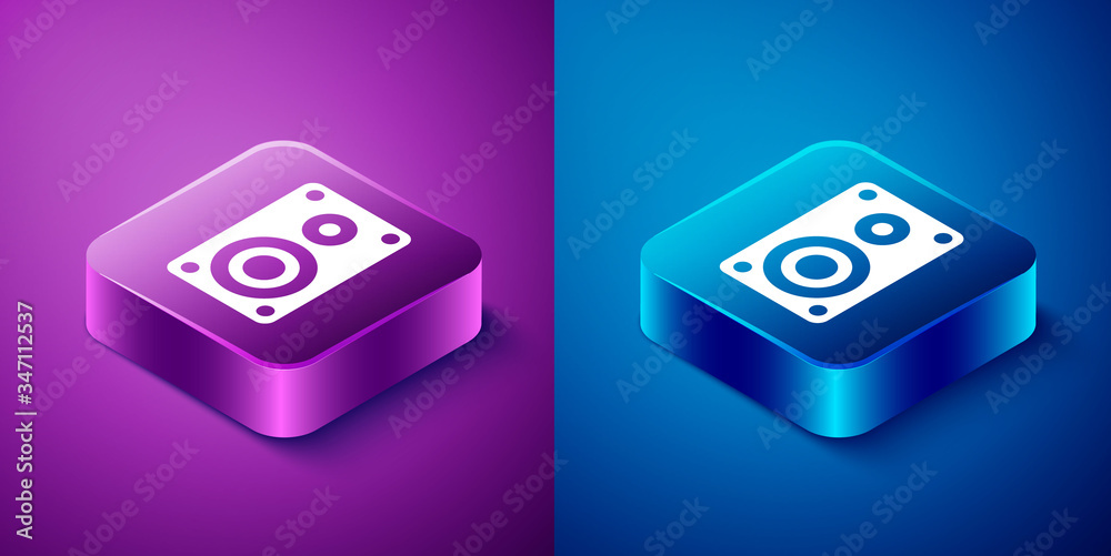 Isometric Stereo speaker icon isolated on blue and purple background. Sound system speakers. Music icon. Musical column speaker bass equipment. Square button. Vector Illustration Isometric Stereo speaker icon isolated on blue and purple background. Sound system speakers. Music icon. Musical column speaker bass equipment. Square button. Vector Illustration