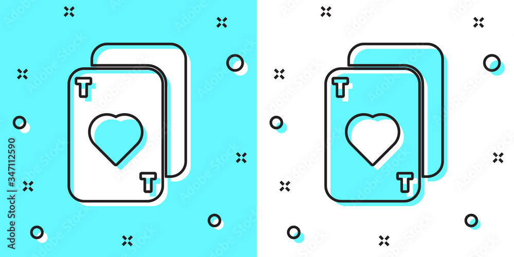 Black line Playing cards icon isolated on green and white background. Casino gambling. Random dynamic shapes. Vector Illustration
