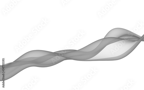 Abstract gray wave. Raster air background. Bright gray ribbon on white background. Gray scarf. Abstract gray smoke. 3D illustration