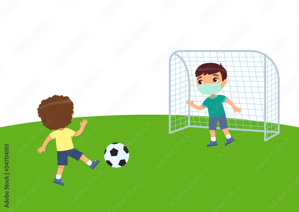 Fototapeta premium Two little boys with medical masks playing soccer. Virus protection, allergies consept. Children on the football field. Flat vector illustration, cartoon character. Sport and recreation