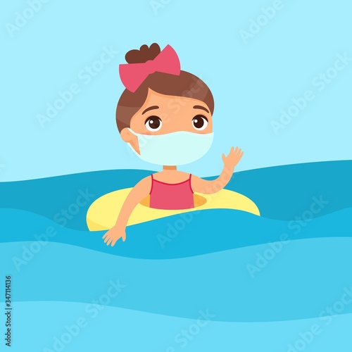 Cute child with a face mask having fun in water, waving hand. Virus protection, allergies consept. Girl swimming with inflatable ring flat vector illustration. 