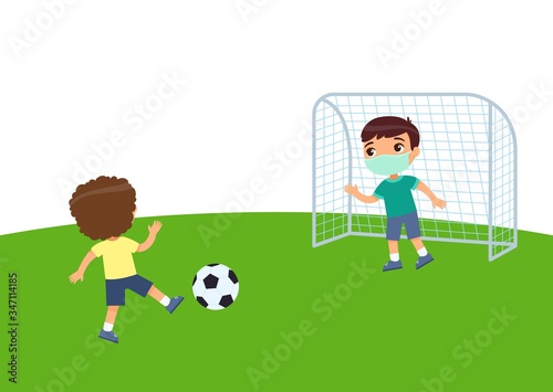 Two little boys with medical masks playing soccer. Virus protection, allergies consept. Children on the football field. Flat vector illustration, cartoon character. Sport and recreation