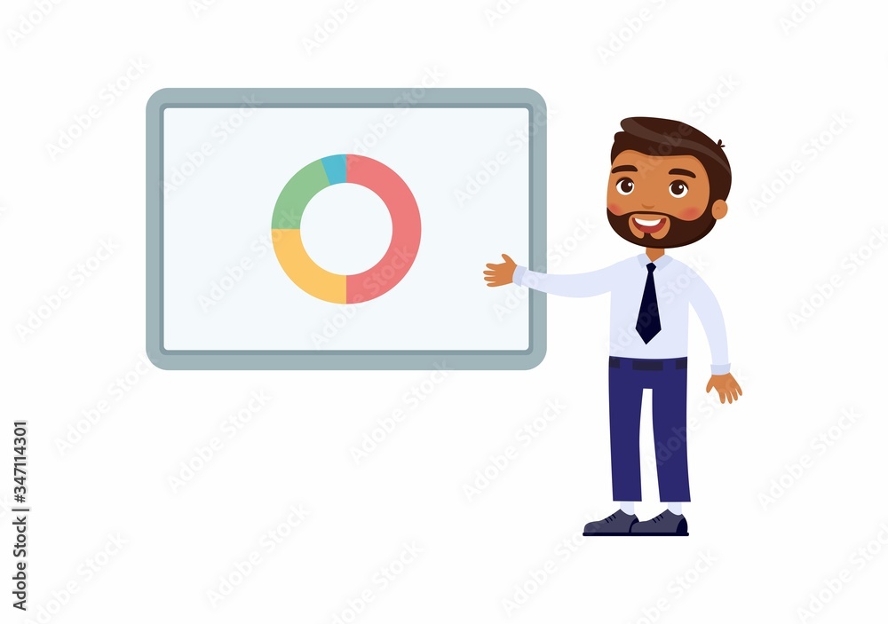 Dark skin man in an office suit points to a demo board with graphs. Character with a smile on his face. Vector illustration on a white background.