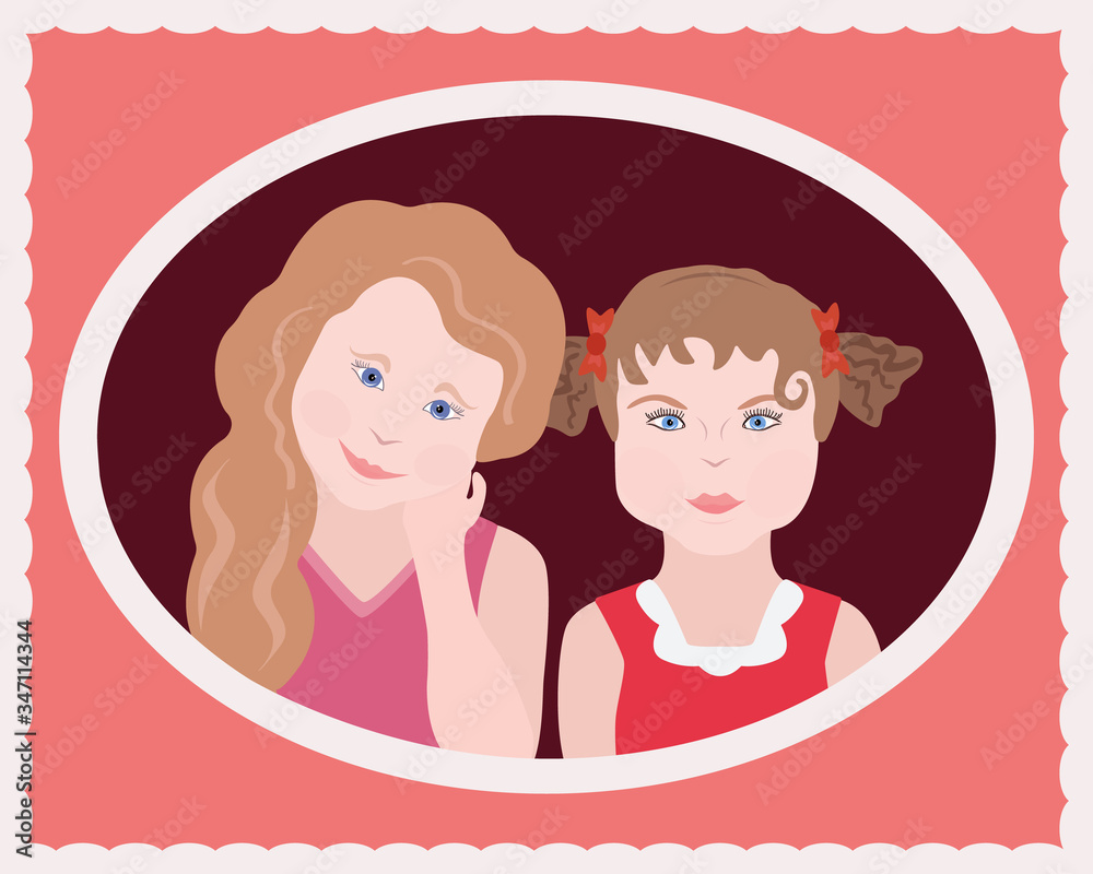 Cute greeting card with two little girls sisters. Family portrait with children. International Children's Day Cute greeting card with two little girls sisters. Family portrait with children. International Children's Day