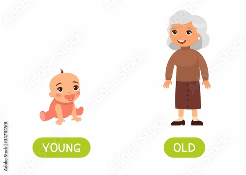 Opposites concept, OLD and YOUNG. Word card for language learning. Old woman and  baby. Flashcard with antonyms for children vector template. Flat illustration with typography.