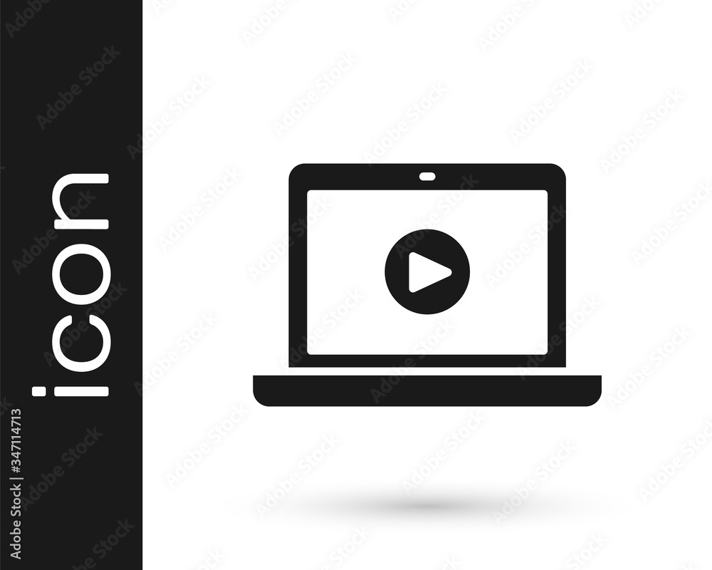 Grey Online play video icon isolated on white background. Laptop and film strip with play sign.  Vector Illustration