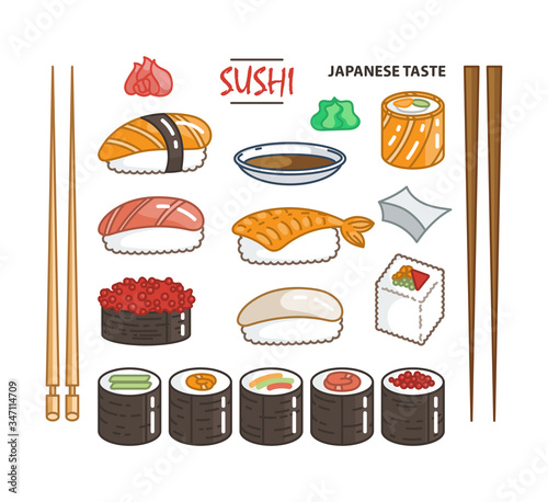 Isolated sushi icon set of different types of rolls with wasabi soy ginger. Delicious collection for restaurant and bar menu, booklets or prints
