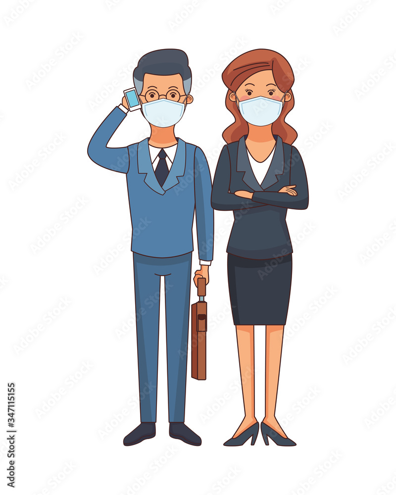 business couple using face masks