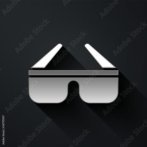 Silver 3D cinema glasses icon isolated on black background. Long shadow style. Vector Illustration