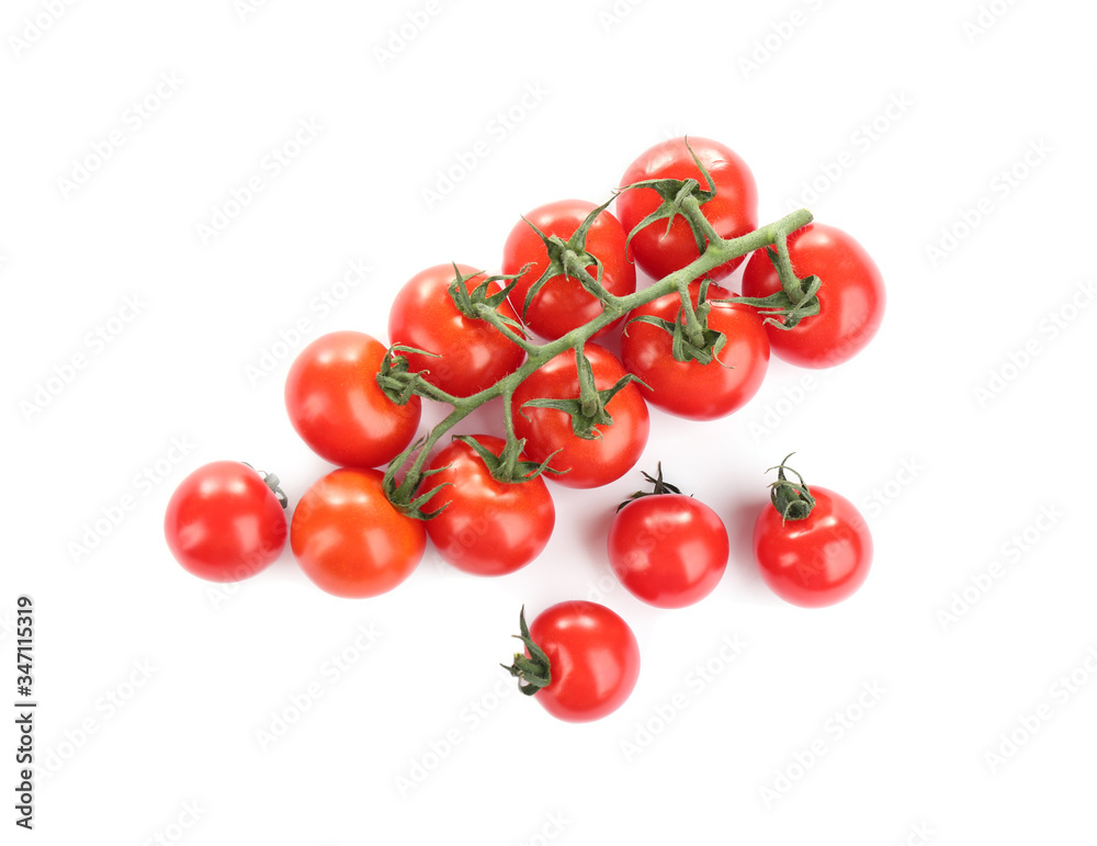 Branch of fresh cherry tomatoes isolated on white, top view Branch of fresh cherry tomatoes isolated on white, top view