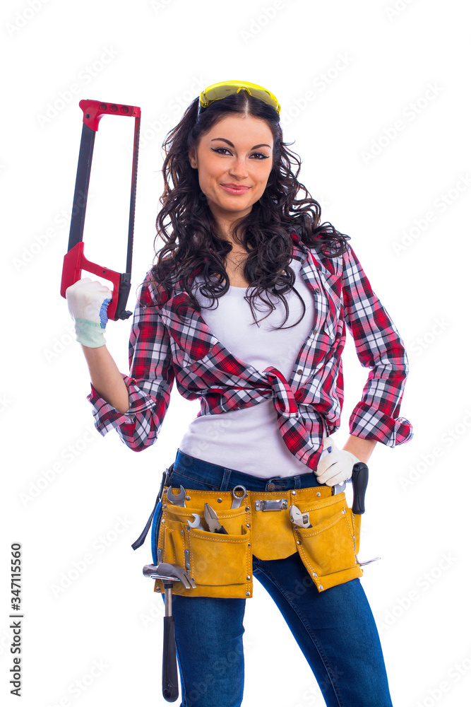 Sexy brunette woman mechanic with a wrench Sexy brunette woman mechanic with a wrench